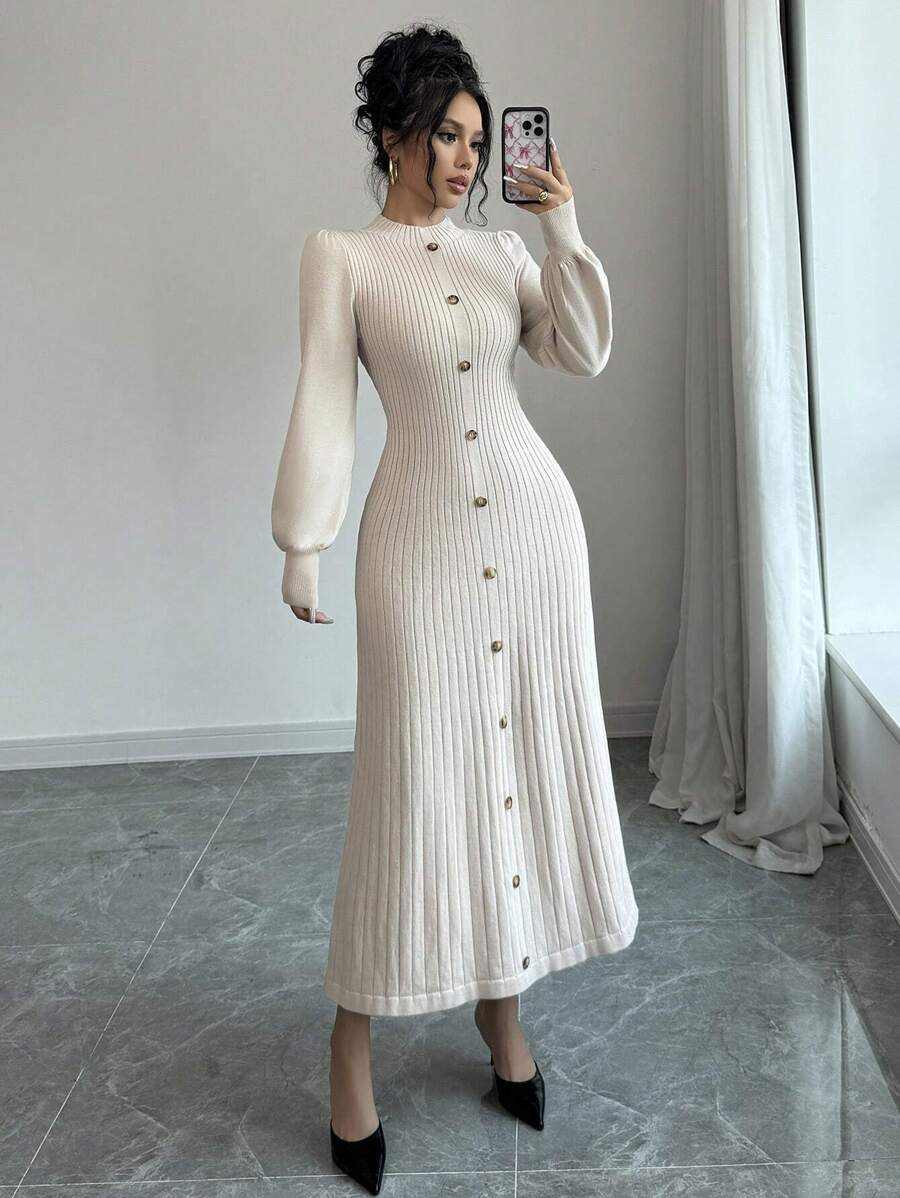 Elenzga Elegant Apricot Lantern Sleeve Waisted Long Sweater Dress, Spring/Autumn - Apricot - View 1
