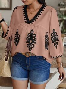 Breezaya Willekeurige bloemenprint plus size dames casual V-hals 3/4 mouw losse blouse