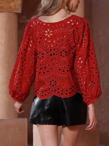 Aveloria Random Embroidery Solid Color Hollow Out Casual Long Sleeve Shirt - Rust Brown - View 2