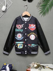 Tween 女童休闲字母印花拼接 PU 袖罗纹下摆棒球夹克，秋季
