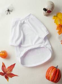 Dudeline Artist Cute Kawaii Pumpkin & Ghost Print White Pet T-Shirt For Halloween, Holiday