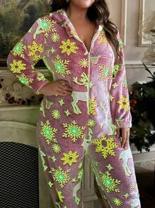 加大码圣诞驯鹿雪花印花保暖法兰绒连帽连体衣，带霓虹灯、夜光效果和蓬松感 - 紅色 - 查看 10