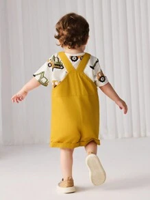Cozy Pixies 2pcs Baby Boy Soft Plant Floral Print Knit Short Sleeve Top And Overalls Shorts Set - Yellow - View 2