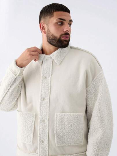 Manfinity VCAY 大码男士休闲泰迪羊毛宽松落肩夹克外套，适合秋冬