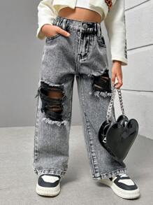 SHEIN Explorewe 年轻女孩新款时尚做旧浅蓝色洗水牛仔直筒牛仔裤 - 深灰色 - 查看 5