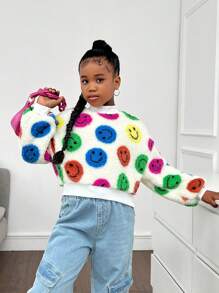SHEIN Felpa corta oversize con collo alto reversibile e stampa di volto sorridente colorato per ragazze pre-adolescenti - Multicolore - Visualizzare 6