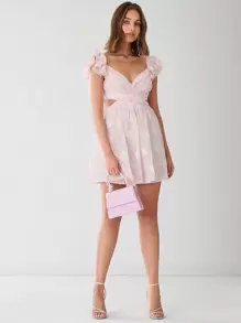 Enchnt 女士甜心领褶皱蕾丝镂空短款连衣裙 - 粉色 - 查看 6