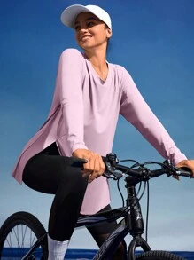 In My Nature Women's Round Neck Long Sleeve Printed Casual Outdoor T-Shirt With Slit Plain T Shirt Hiking Women Clothes - Pink - View 7