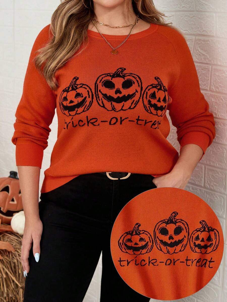 SHEIN LUNE 大码女式橙色南瓜圆领毛衣，秋冬万圣节
