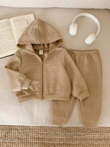 SHEIN 2pcs Baby Boy & Girl Casual Hooded Sweatshirt & Elastic Waist Pants Set, Khaki Textured Fabric, Suitable For Autumn & Winter - Multicolor - View 7