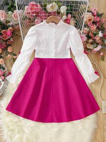 SHEIN 女童洋红色立领蝴蝶结二合一优雅秋季连衣裙 - 玫紅色 - 查看 2