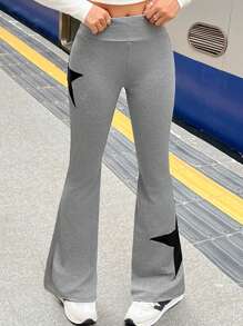 SHEIN Leap Crew 青少年女孩灰色针织弹力高腰五角星贴片休闲喇叭紧身裤