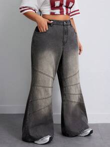 SHEIN ICON Jeans droits en denim gris déchiré grande taille pour femmes