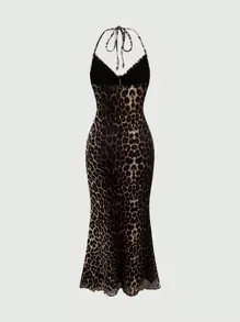 ROMWE Retro Halter Flocked Tie-Dye Bodycon Mermaid Dress dla kobiet