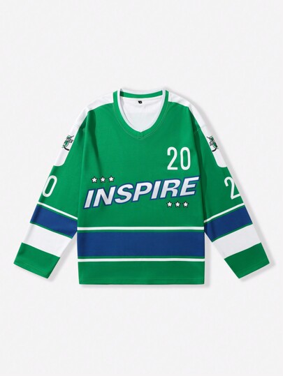 Prep Men's Casual V-Neck Long Sleeve T-Shirt With Letter Print, Spring Summer