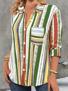 Plus Size Stripe Print Button Front Lapel Collar Shirt