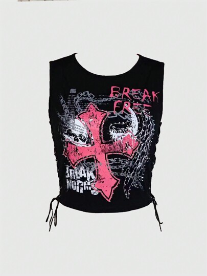 Grunge Punk Damen Sommer Modisches Camisole mit seitlicher Schnürung und Kreuzdruck