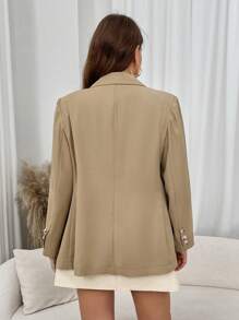Flirla Blazer Kasual Warna Polos Ukuran Besar, Musim Gugur & Musim Semi - Khaki - View 2