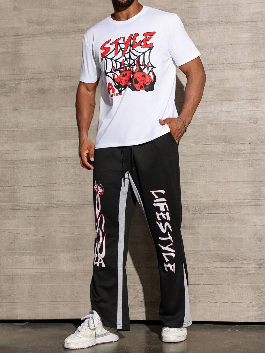 Manfinity Homme 2pcs Men's Plus Size Crew Neck Short Sleeve Letter Print Simple T-Shirt And Pants Set - Multicolor - View 1