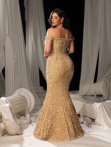 Faeriesty Vestido sereia com lantejoulas e ombros de fora, coxa dividida, elegante vestido de baile formal, para convidados de casamento, formatura, jantar - Champagne - Ver 3
