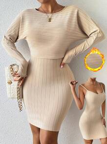 Chiquease 2pcs Women's Thick Fleece Spaghetti Strap Midi Dress And Batwing Sleeve Top Set