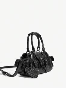 SHEIN ICON 女士时尚新款甜美酷炫 Y2K 心形吊坠复古摩托车手提手提包、街头、Y2K、复古、顶级手提包、手提包、黑色、酷炫、铆钉、街头、Y2K、复古、心形、摩托车手风格、校园包、青少年包 - 黑色 - 查看 3