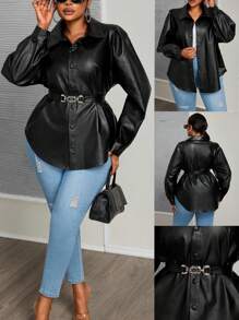 Chaqueta de moda de piel sintética con manga larga y abotonadura sencilla, unicolor, para mujer de talla grande, primavera otoño - Negro - Ver 1