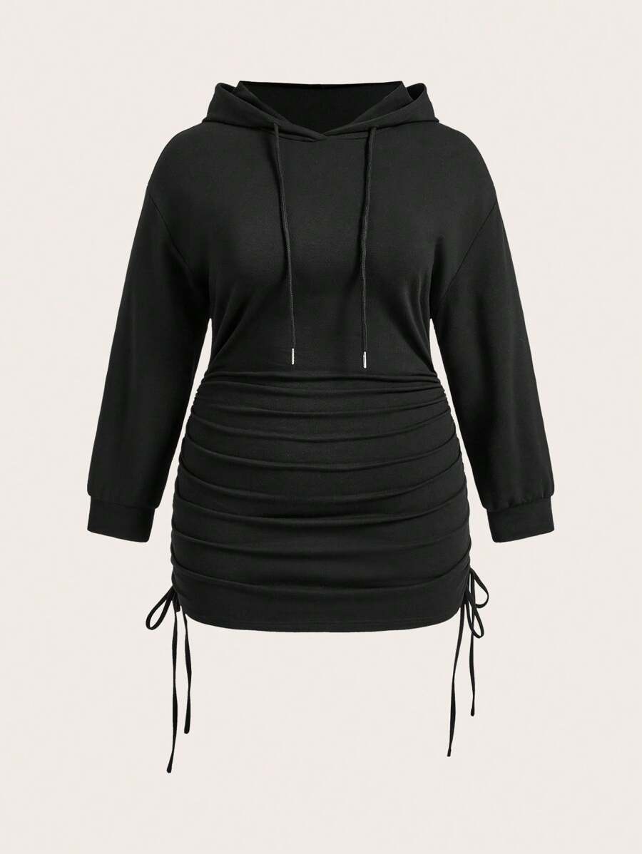 SHEIN EZwear Plus Drawstring Side Hoodie Dress Graduation,Back To School Outfits,Graduation,Teacher Outfits For Women,Back To School Winter Fall Autumn - Black - View 1