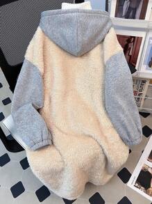 Abrigo con capucha de felpa esponjosa de color block, chaqueta de forro polar abrigada y suave para niñas preadolescentes, para otoño/invierno