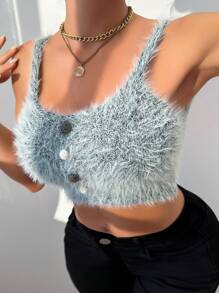VaVaBold Women's Knitted Top, Women's Top, Suspender, Artificial Fur Button, Gray Sleeveless, Short, Sexy, Slim Fit, Friends, Parties, Four Seasons, Spring And Autumn Styles, Women's Clothing
