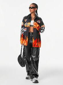 SHEIN EZwear Coolane Blokecore Fashion  Flame Plaid & Letter Print Loose Fit Long Sleeve Shirt For Streetwear - Black - View 3