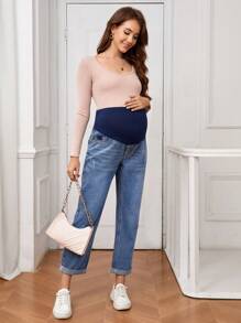 SHEIN Jeans de cintura alta con color de contraste y parche para maternidad - Azul lavado medio - Ver 3