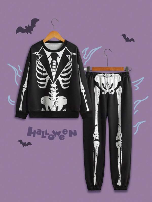 2pcs Boys' Skeleton Print Hoodie Sweatshirt And Sweatpants Halloween Outfit Set