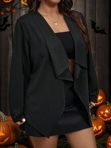 SHEIN Privé 大码优雅通勤休闲修身长袖无领荷叶边不对称轻便夹克 - 黑色 - 查看 4