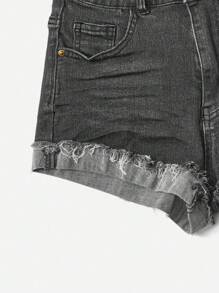 ROMWE Grunge Punk Ladies' Casual Raw Hem Distressed Stretchy Skinny Denim Shorts - Black - View 4