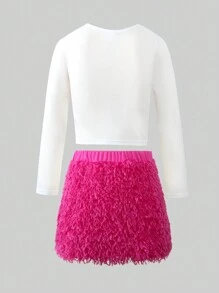 SHEIN Explorewe Set Busana Anak Perempuan Remaja: Kaos Lengan Panjang Kerah Bulat Bergambar Kartun dan Rok Mini Mengembang, Musim Semi dan Gugur - Hot Pink - View 2