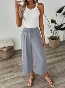 SHEIN LUNE Women's Casual Linen 7/8 Pants Suitable For School/Work, Autumn - Grey - View 6