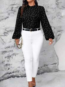 SHEIN Clasi Blusa de manga larga con estampado de corazones para mujer talla grande - Negro - Ver 6