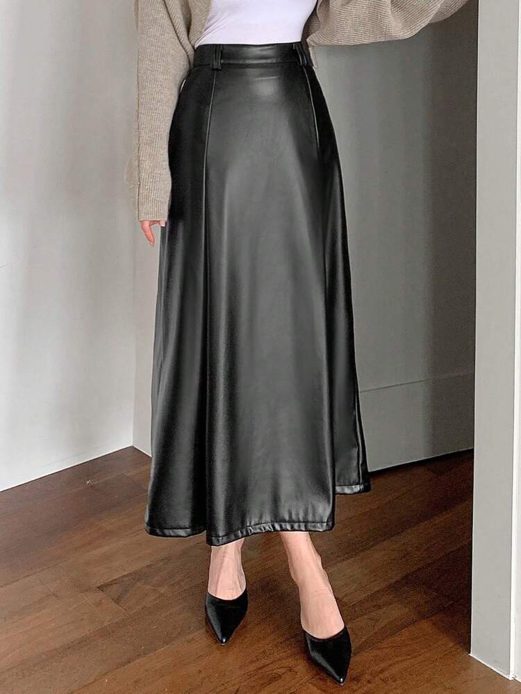 Women's Solid Color Simple A-Line, Black Skirt, Casual Everyday Wear Leather Skirt