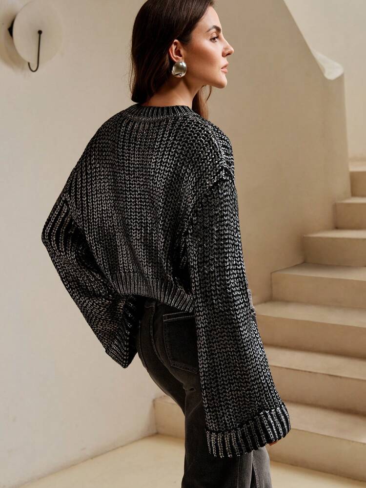Gradient Silver Foil Jumper In Black, Knit Pullover Fall Winter