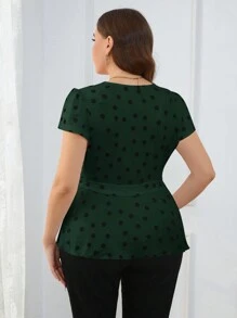 SHEIN Clasi Bluzka z dekoltem w serek i krótkim rękawem w kropki w dużym rozmiarze, wiązana na szyi, na lato - Ciemnozielony - Zobacz 2