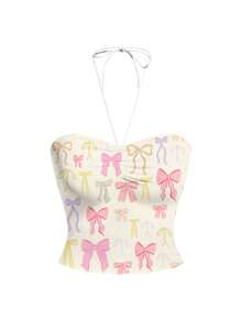 Duchess Plum Artist Y2K Women Bow Print Crop Halter Top, Holiday, Vacation, Spring, Beach, Going Out, Festival, Ibiza Fits