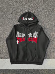 Manfinity EMRG Back To School Men Letter Graphic Zip Up Drawstring Hoodie - Black - View 4