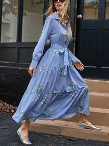 Aveloria Rosie Floral & Striped Print Long Sleeve Shirt Dress For Casual Wear, Autumn Vacation Outfits Woman  Fall Cloth For Women - Blue - View 5