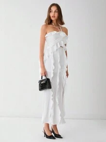 Enchnt Top informal sin mangas con decoración floral 3D, ribete con volantes y lazo en el cuello para mujer - Blanco - Ver 5