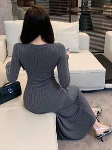 DAZY Women's Half-Placket Textured Ribbed Long Bodycon Dress,Fall Dress Long Sleeve Dress - Dark Grey - View 3