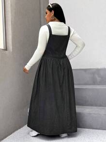 SHEIN EZwear Plus Size Casual Denim Dress With Button-Down, Gathered Waist & Pockets - Black - View 2