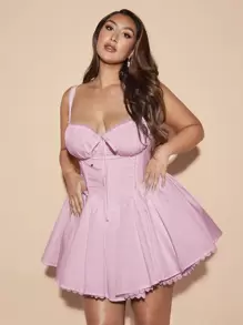 SHEIN BAE Vestido corto de patinadora con contraste de encaje, tirantes de espagueti y volantes, para vacaciones románticas en tallas grandes. Vestidos de cumpleaños para mujeres, vestido de corsé para mujeres.