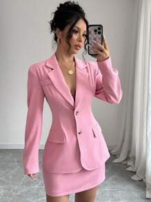 Chiquease 2 piezas Conjunto de traje con blazer suelto de solapa y bolsillo con solapa y falda para mujer, primavera otoño, color rosa - Rosa - Ver 6