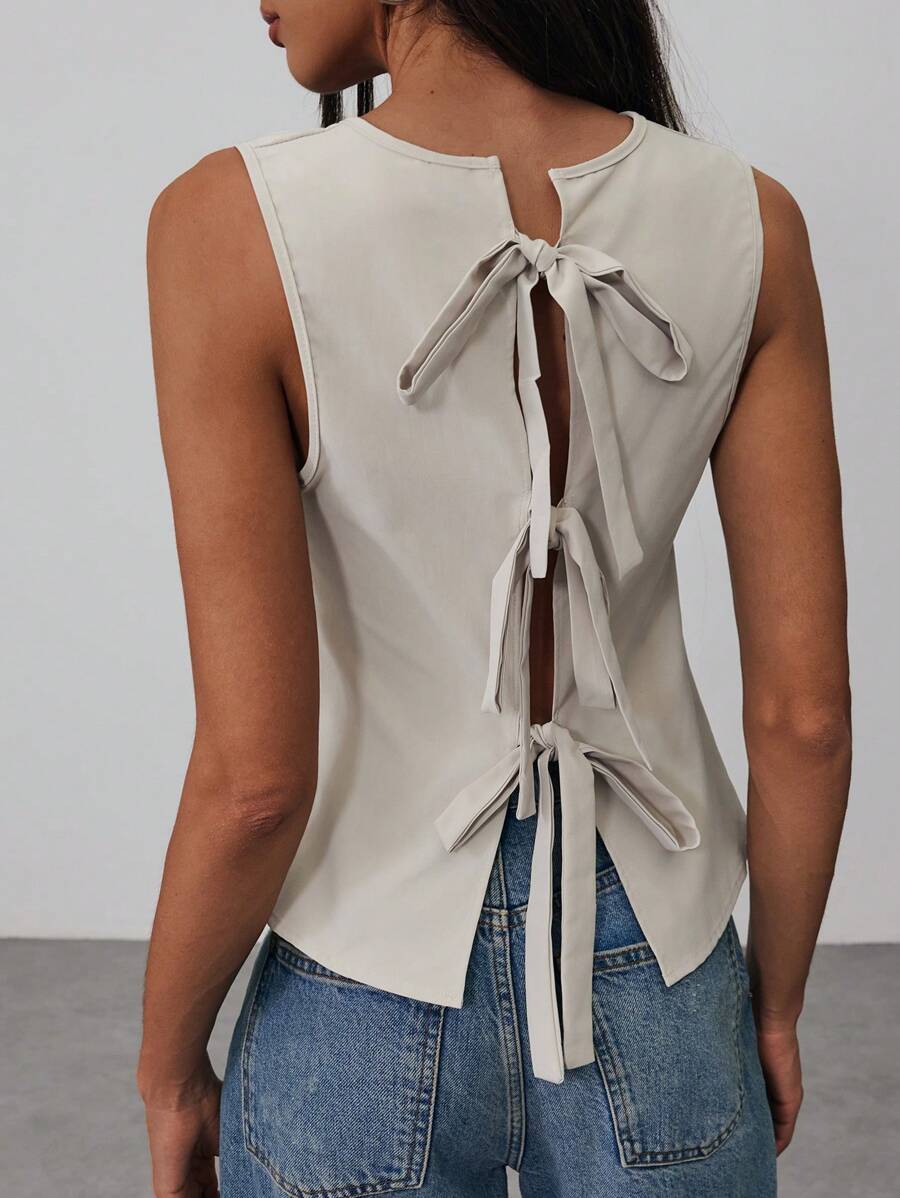 Aloruh 女士无袖露背系带设计休闲时尚衬衫 - 杏色 - 查看 1